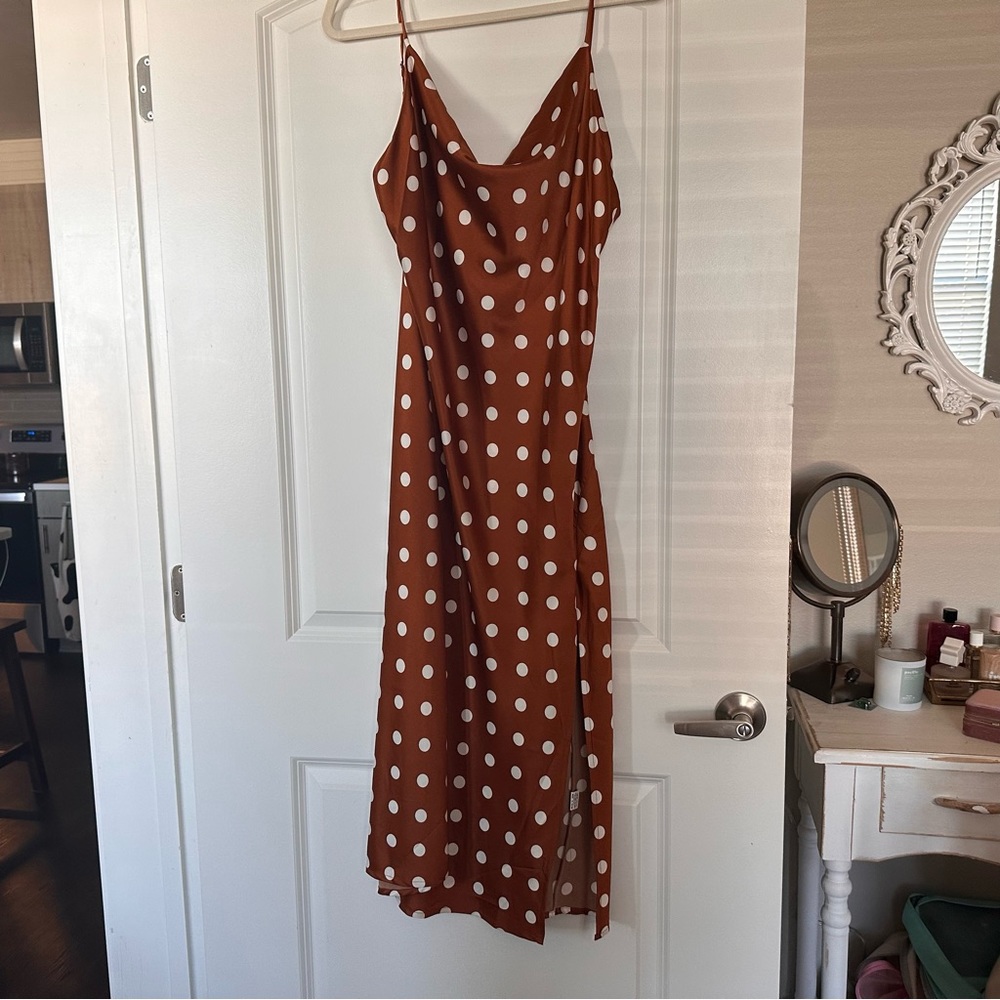Brown polka dot silk dress from petal and pup!